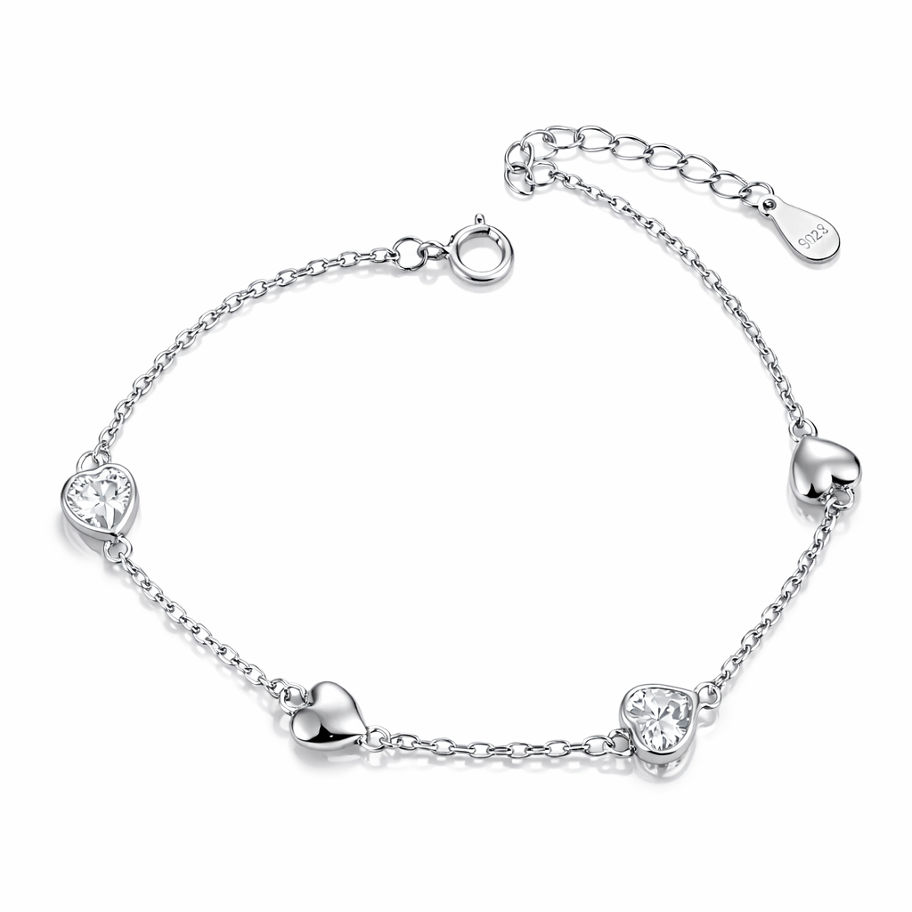 Brățară Argint 925 cu Inimi și Zirconii – Model Delicat Elegant, Reglabilă 16+3 cm, Cadou Premium pentru Ea. BD393