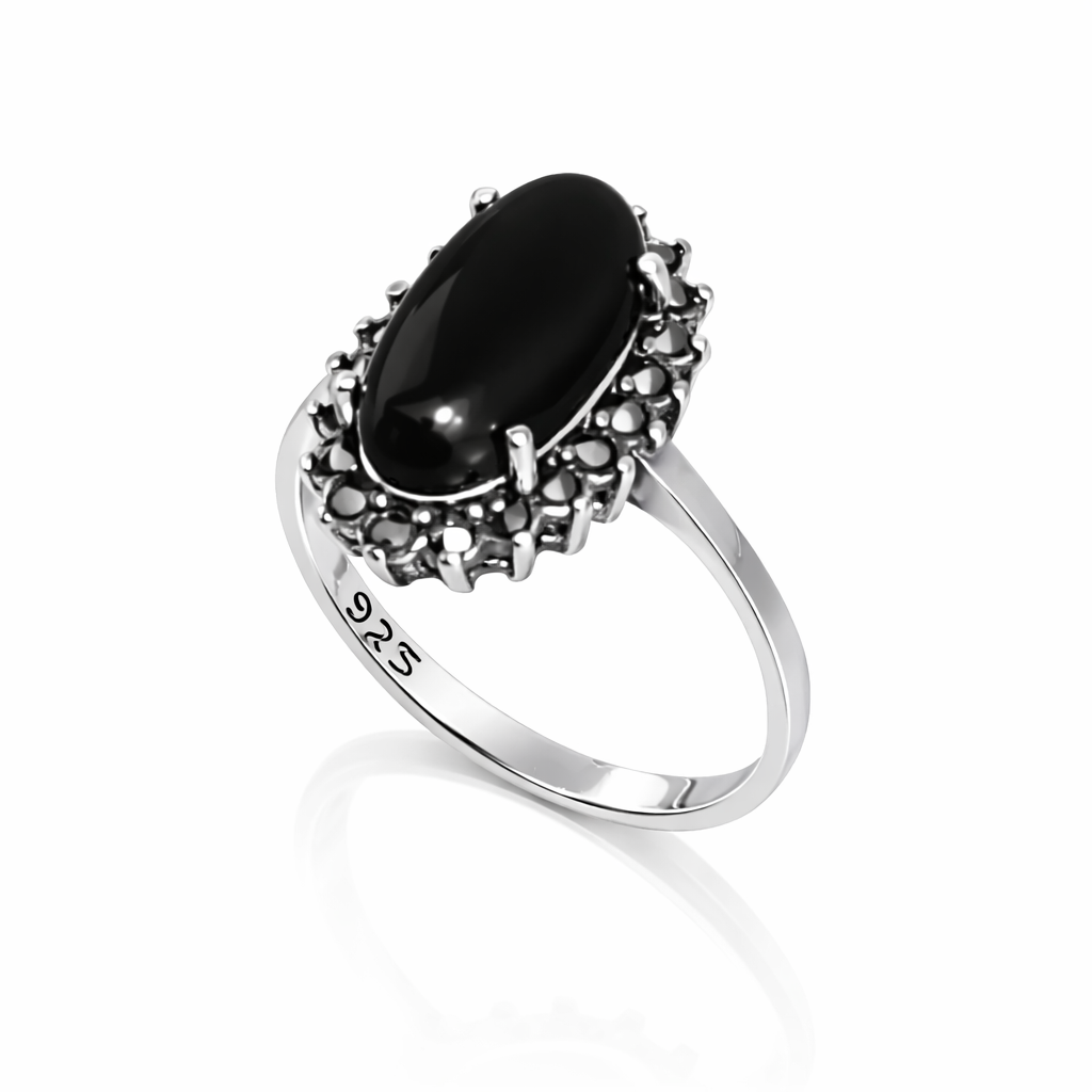 Inel din Argint 925 cu Onyx Negru 14×7 mm și Marcasite – Bijuterie Elegantă Vintage. ID508