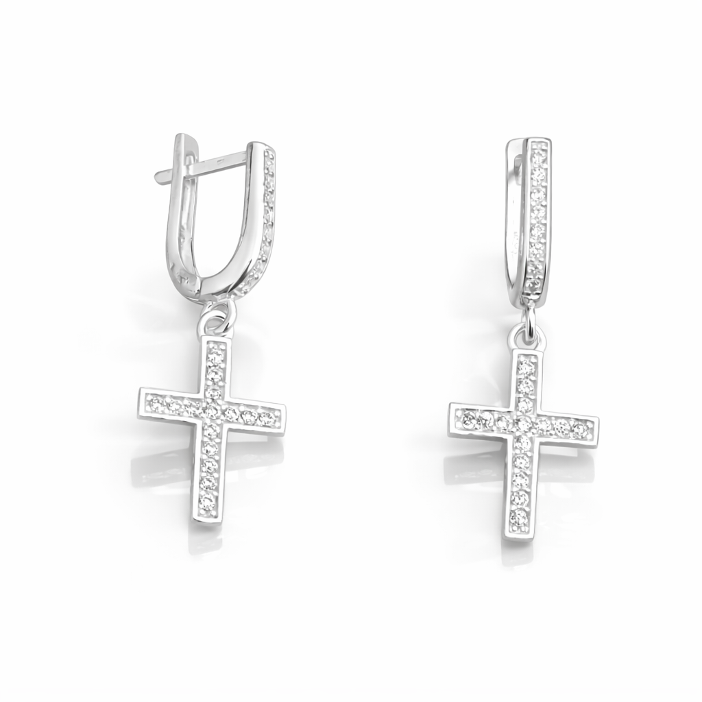 Cercei din Argint 925 cu Cruce și Zirconii Strălucitoare – Cercei Damă Eleganți cu Tortiță, 2.8 cm. CD528