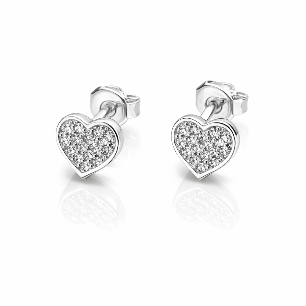 Cercei Inimă 8 mm din Argint 925 cu Zirconii – Delicați și Strălucitori, Cadou Elegant pentru Femei. CD305