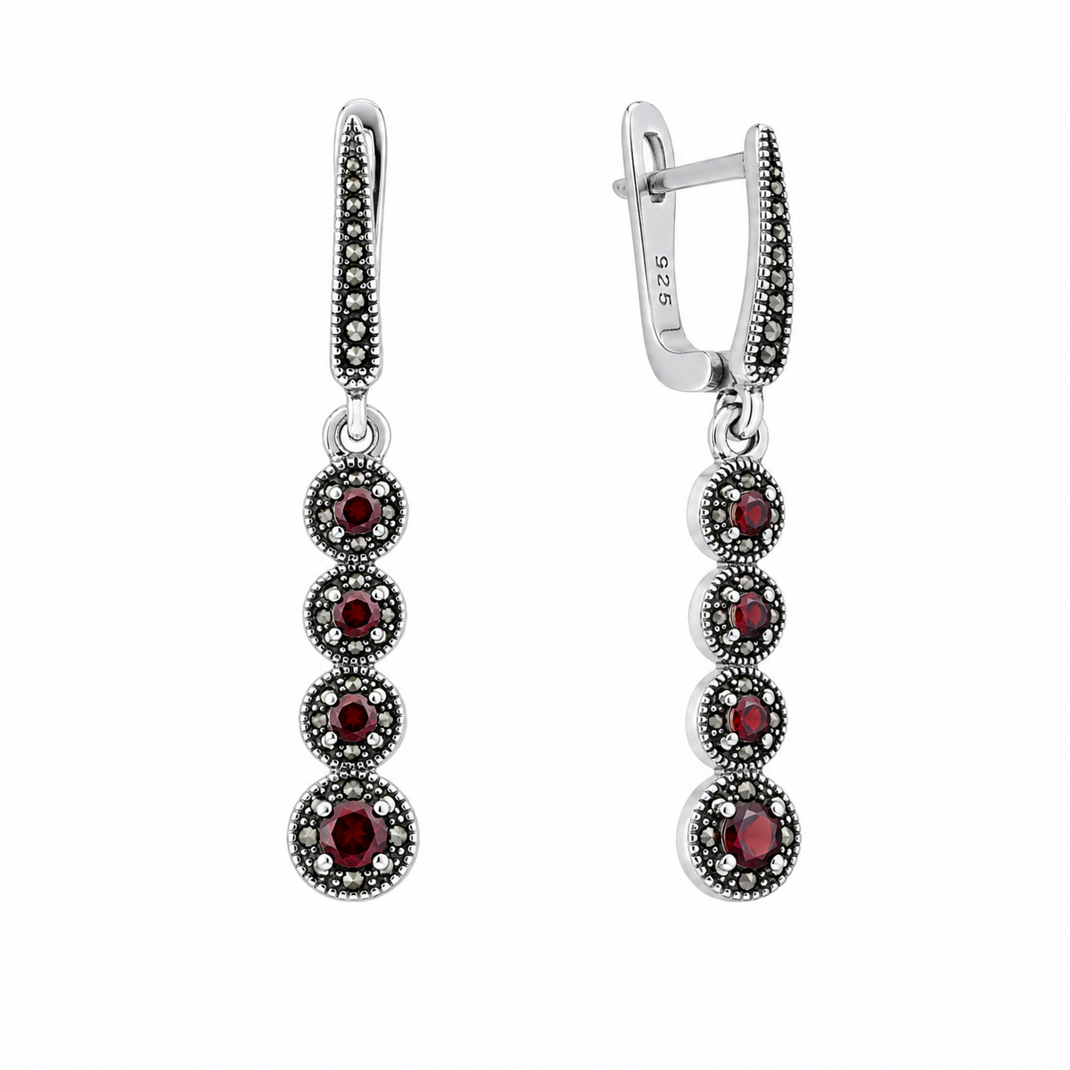 Cercei din Argint 925 cu Marcasite Naturale „Rapsodia Rubinie” – Eleganță Vintage cu Accente Roșii Strălucitoare. CD621