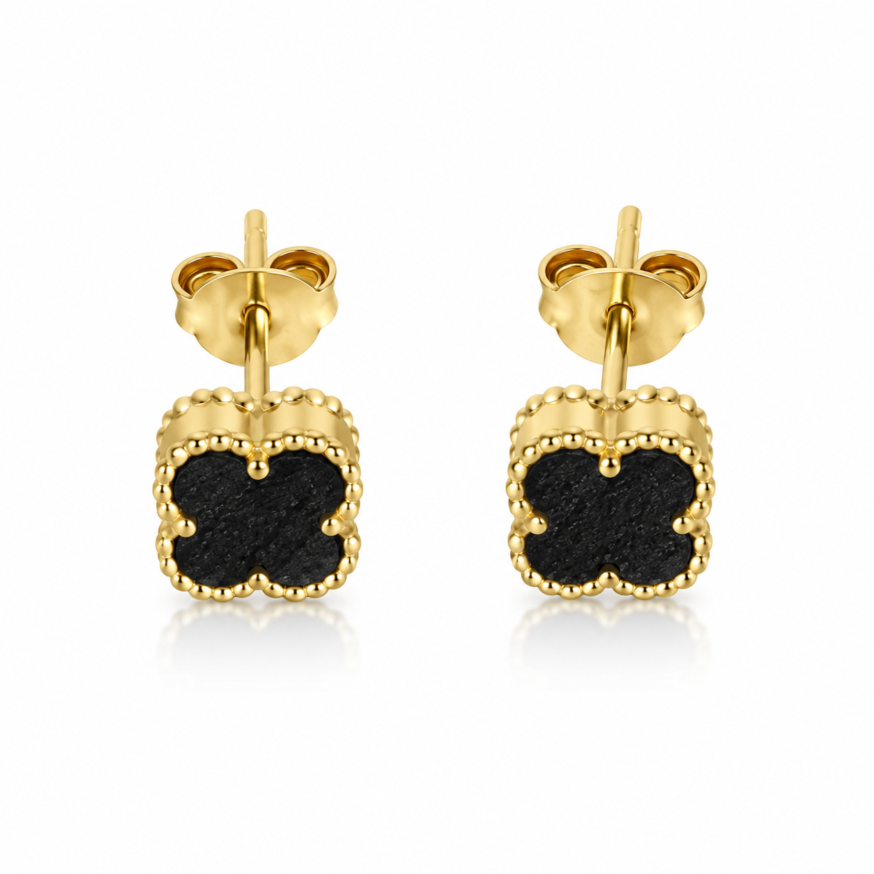 Cercei din Argint 925 Placați cu Aur 14K, Tip Van Cleef, Trifoi Negru – Eleganță Clasică și Noroc în Fiecare Detaliu. CD286