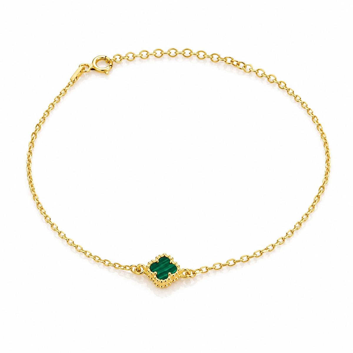Brățară Clover Green Luxury din Argint 925 Placat cu Aur 14K și Malachit Verde – Model Inspirat Van Cleef, Ajustabilă 18+4 cm. BD303