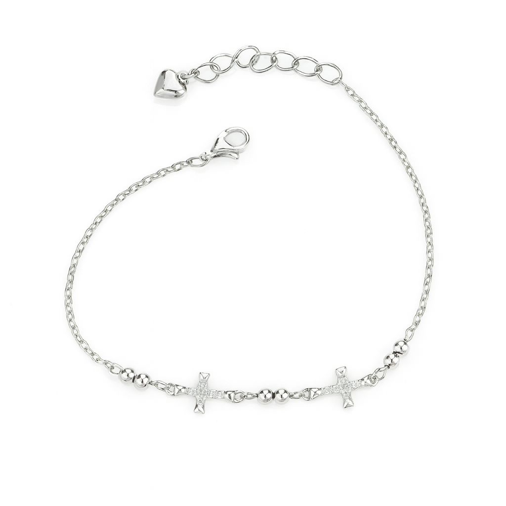 Brățară fină din argint 925 rodiat, greutate 2.68g, cu cruci simbolice ale credinței și biluțe argintii, imagine profesională cu fundal alb lucios.