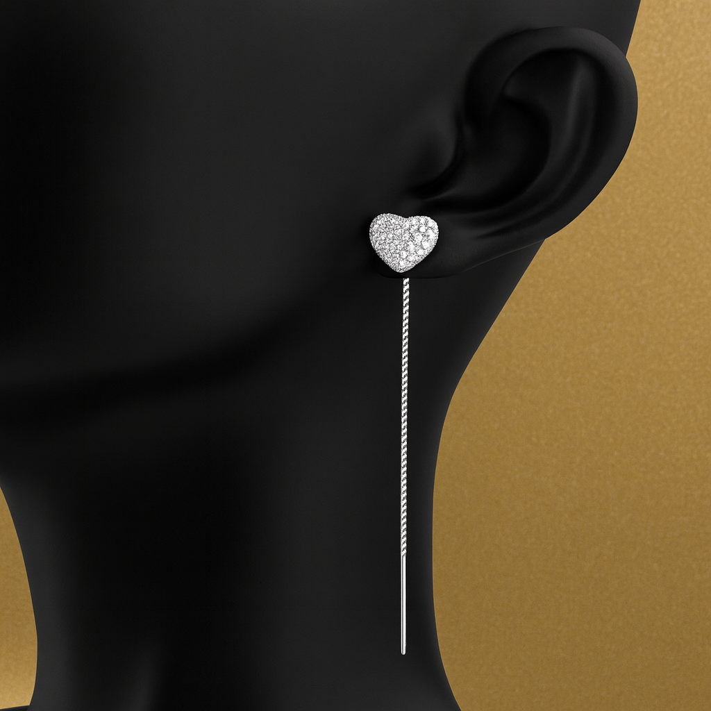 Cercei din Argint 925 cu Inimă Strălucitoare și Lanț Lung, Design Elegant