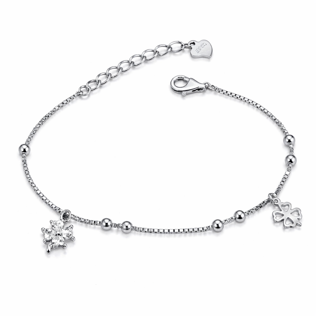 Brățară Argint 925 Rodiat „Lucky Blossom” – Trifoi & Floare cu Zirconii, Ajustabilă 17+3 cm. BD390