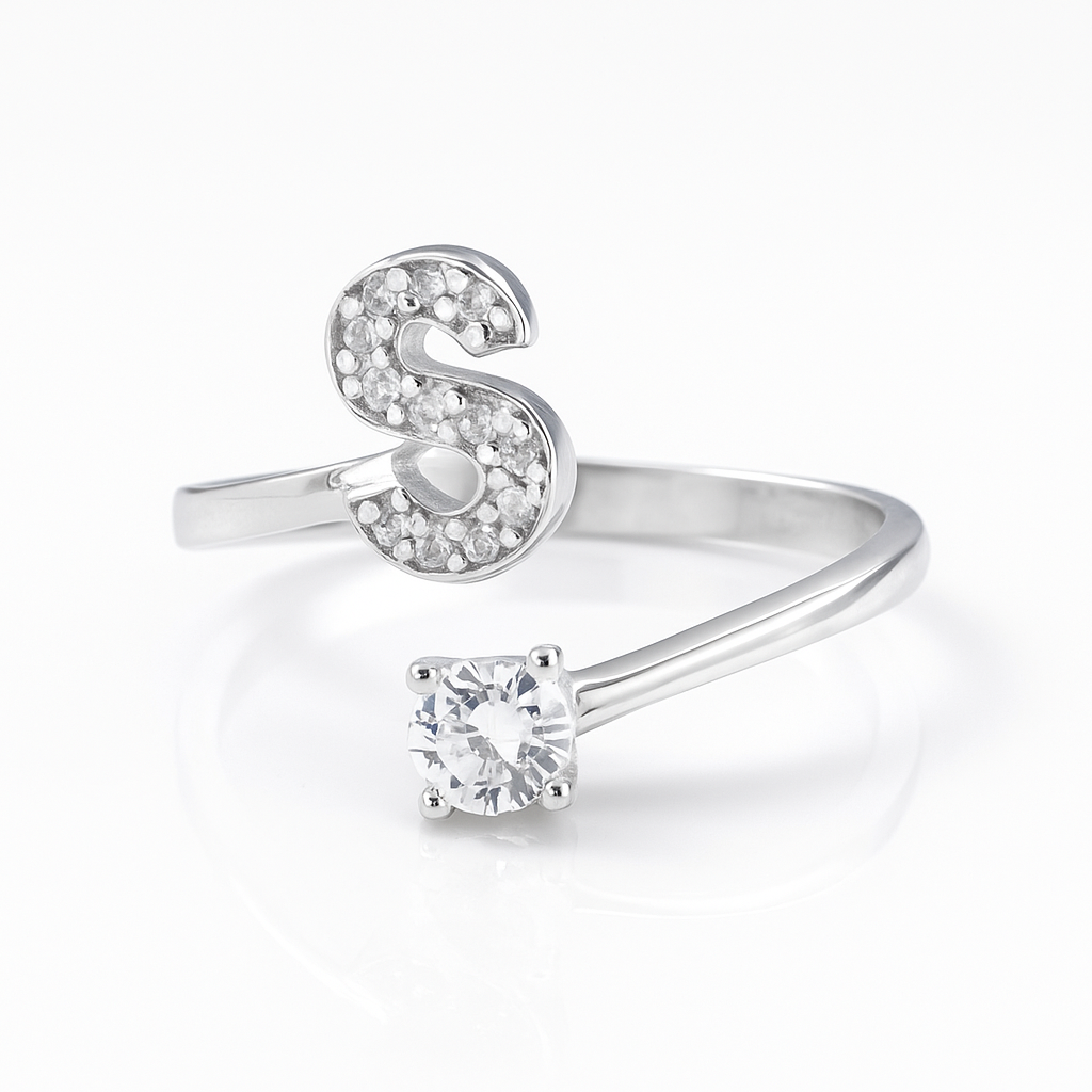 Inel reglabil din argint cu inițială – bijuterie elegantă personalizată din argint 925, mărime universală, cutie cadou inclusă. ID10