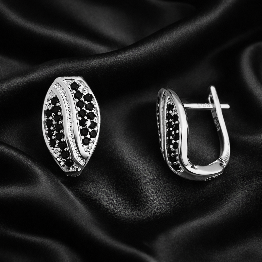Cercei din Argint 925 cu Zirconii Negre – Model Elegant Tip Frunză 14x8 mm | Cercei Argint Dama Moderni, Cadou Premium. CD534