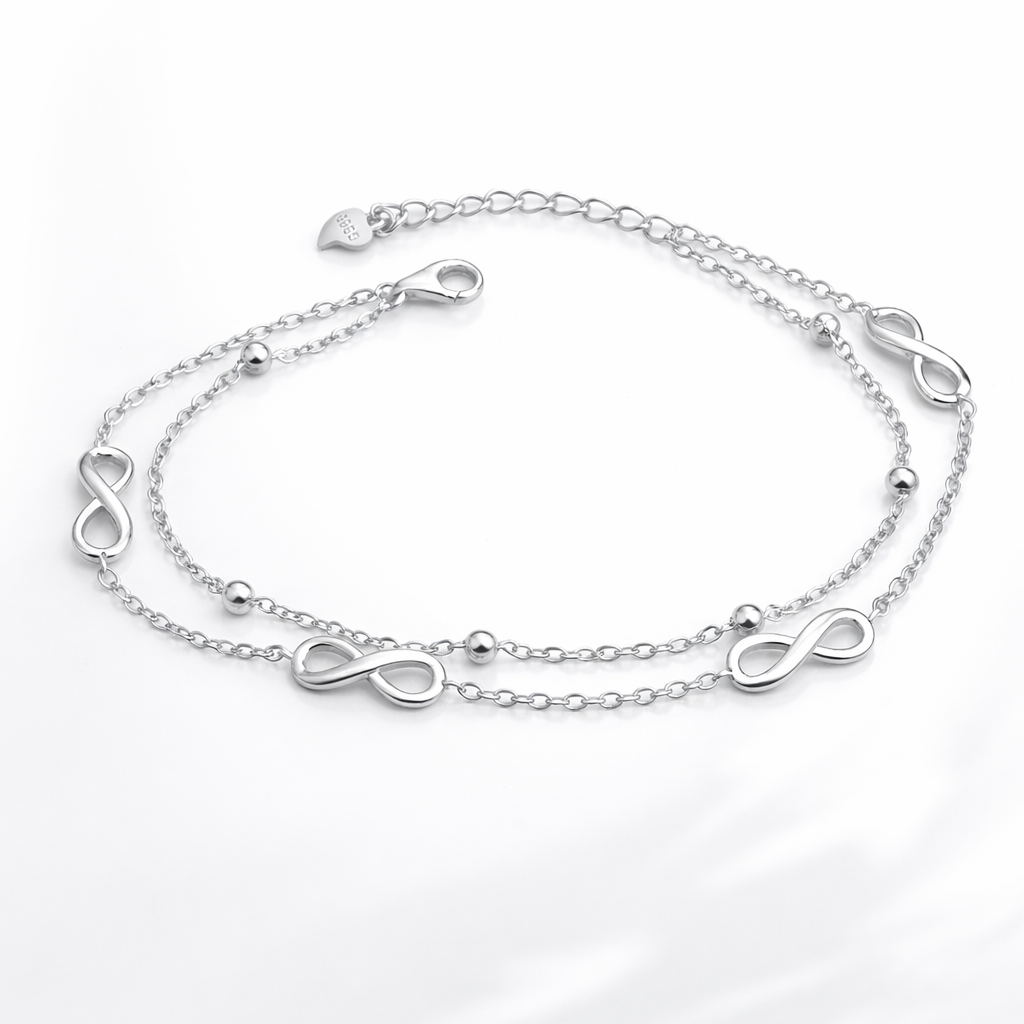 Brățară Damă Argint 925 Rodiat cu Simbol Infinit, Dublu Lanț, Lungime Ajustabilă 18+3 cm – Eleganță Modernă. BD398