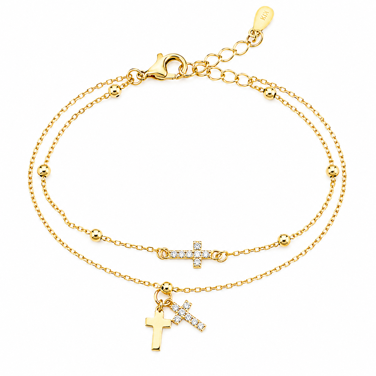 Brățară din Argint 925 Placată cu Aur 14K cu Dublu Lanț și Cruci – Elegantă, Reglabilă 17+3 cm, Zirconii Strălucitoare. BD432