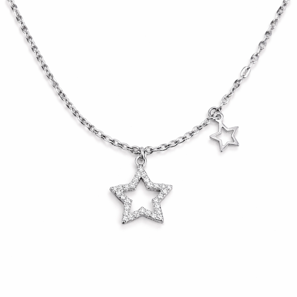 Colier Argint 925 Rodiat „Stella Duala” – Pandantiv Stea cu Zirconii Strălucitoare, Lungime Reglabilă 40+5 cm. C109
