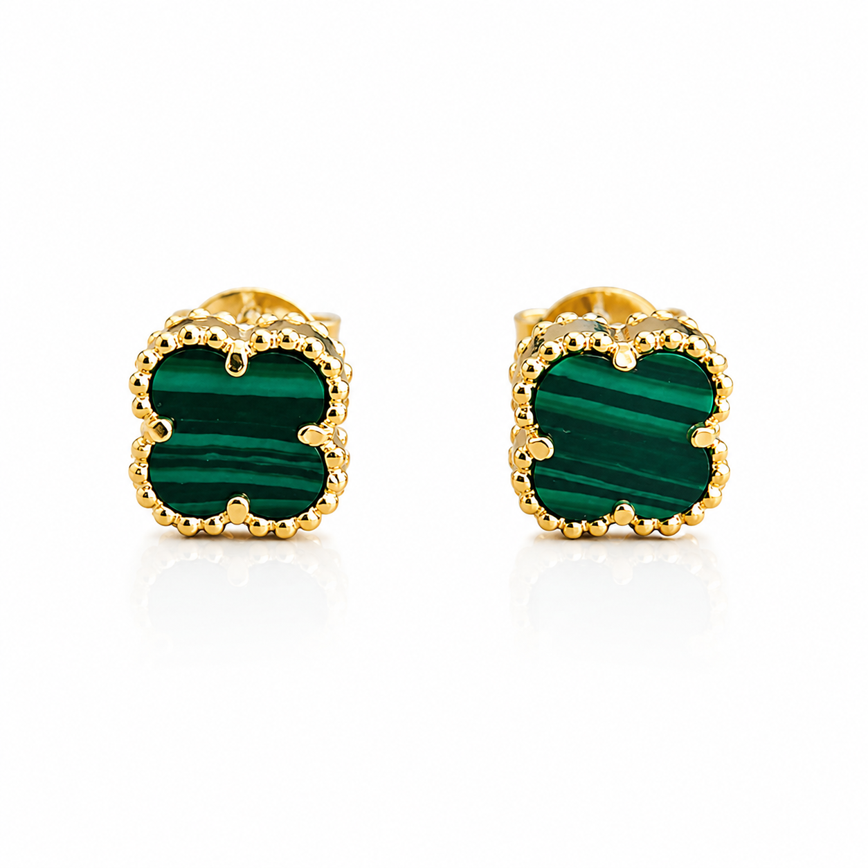 Cercei Delicate Clover din Argint 925 Placat cu Aur 14K și Malachit Verde Natural, Model Tip Van Cleef, 6 mm. C425
