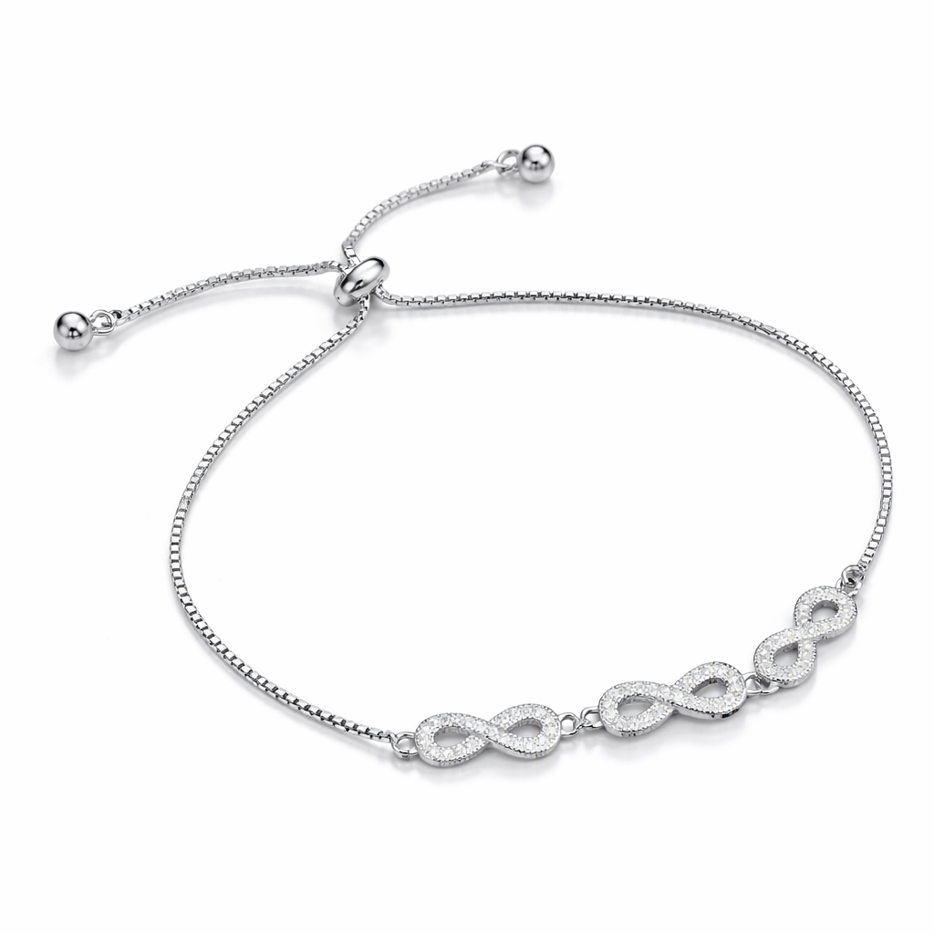 Brățară Argint 925 Rodiat cu Simboluri Infinit și Cristale – Reglabilă, Elegantă. BD389
