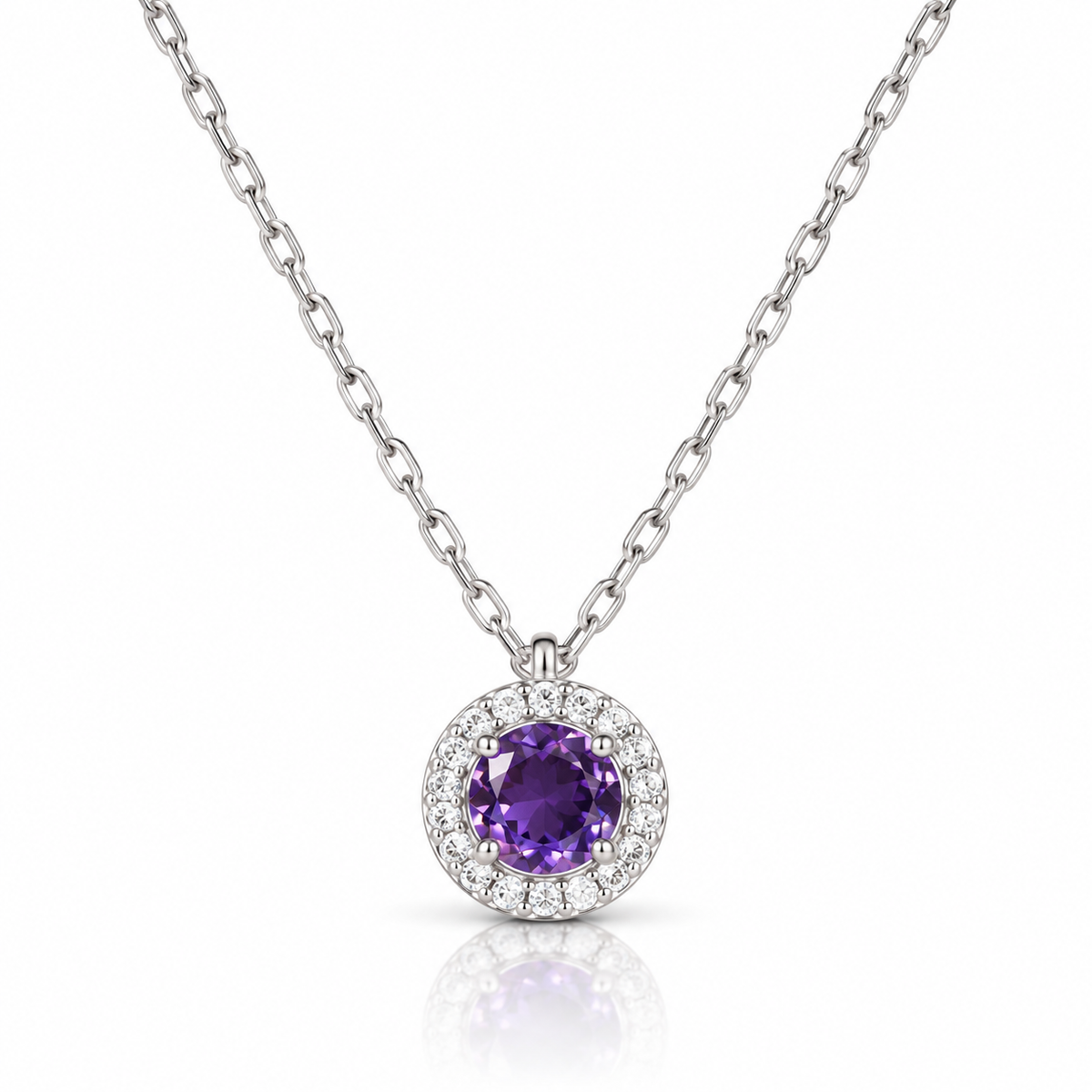 Colier din argint 925 „Aura Violet” cu piatră mov și pandantiv rotund delicat. C261