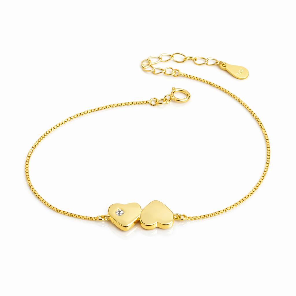Brățară Argint 925 Placată cu Aur 14K cu Inimi Duble și Cristal – Reglabilă 16+3 cm, Design Elegant și Delicat. BD343