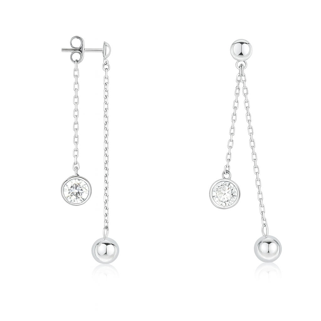 Cercei lungi din argint 925 rodiat, cu lanț subțire și detalii sferice lucioase, prezentați pe fundal alb  – bijuterii elegante, rezistente la oxidare, ideale pentru femei.