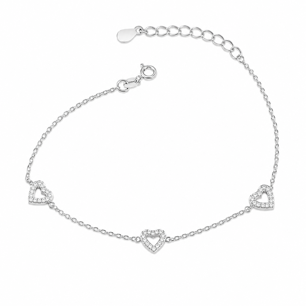 Brățară Argint 925 cu Inimi și Zirconii – Elegantă, Reglabilă 17+4 cm, Cadou Romantic pentru Femei.. BD439