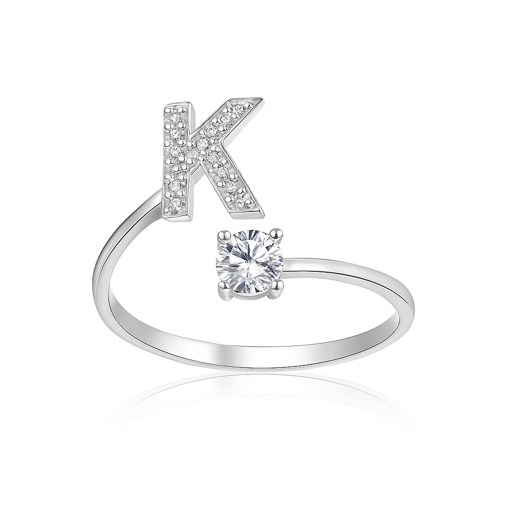 Inel reglabil din argint cu inițială – bijuterie elegantă personalizată din argint 925, mărime universală, cutie cadou inclusă. ID10