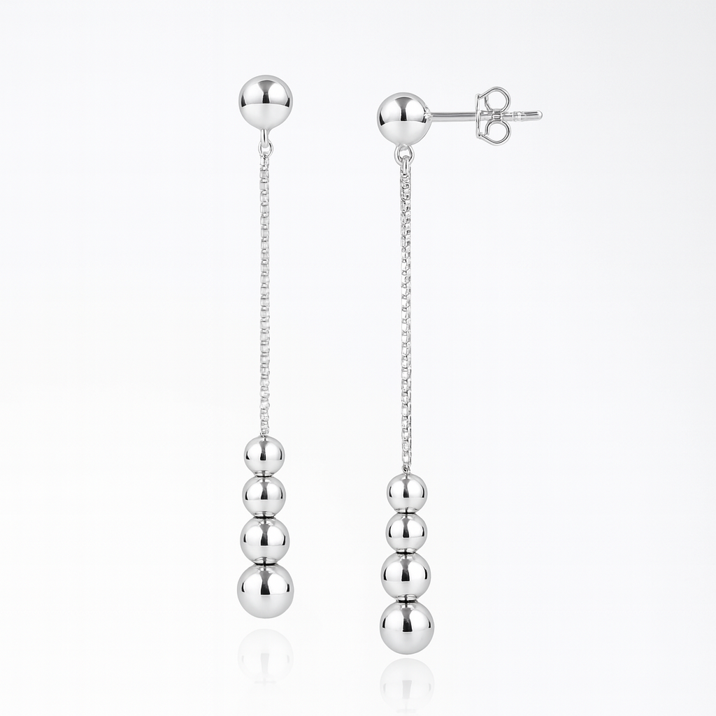 Cercei lungi din argint 925 rodiat, design elegant cu sfere lucioase, rezistenți la oxidare, lungime 5.5 cm, bijuterii rafinate pentru femei.