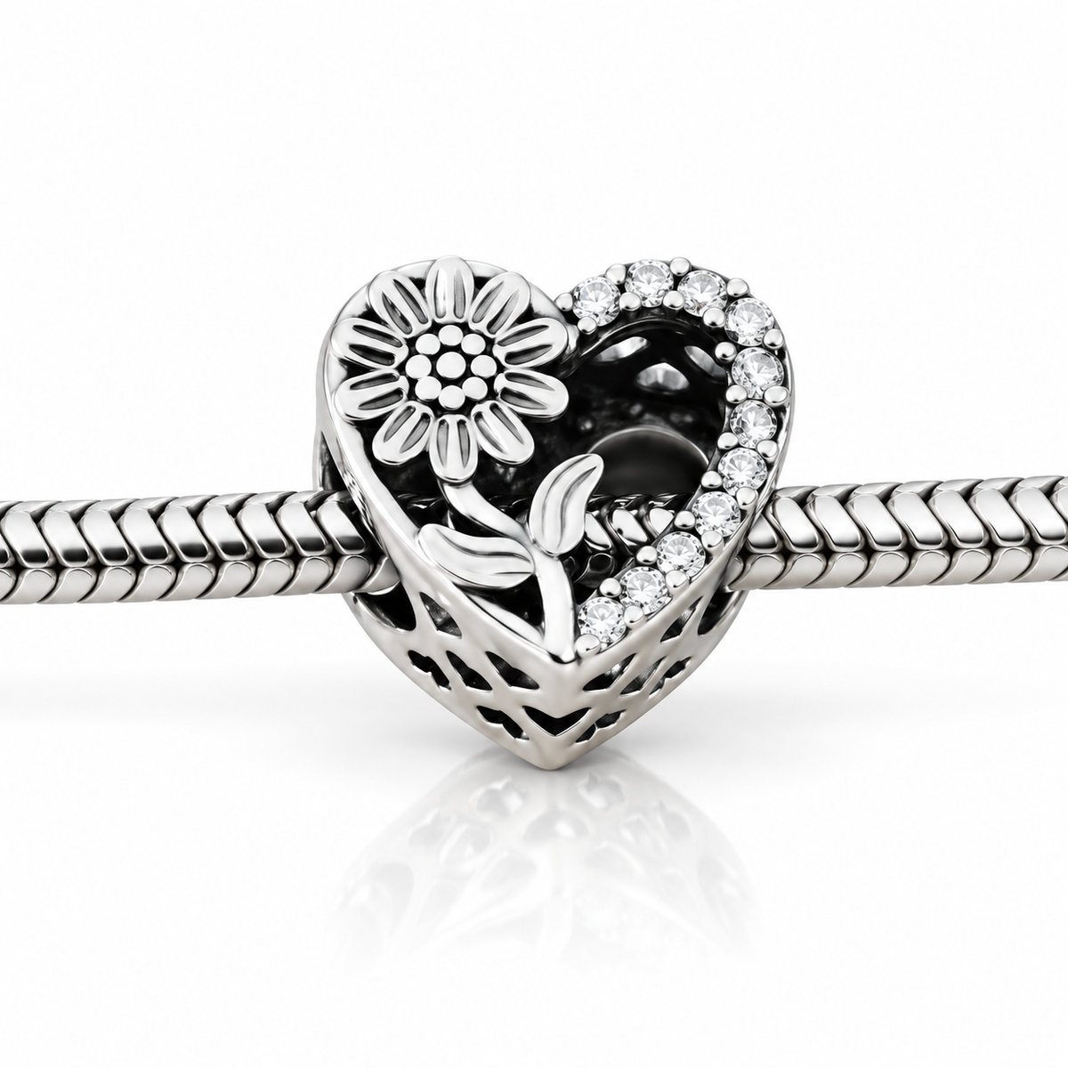 Charm „Inimă de Soare” din argint 925, cu floarea-soarelui și pietre strălucitoare, compatibil Pandora. T243