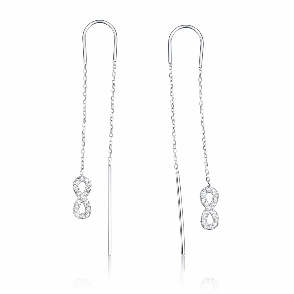 Cercei Lungi Tip Threader din Argint 925 cu Simbol Infinit și Zirconii – Eleganță Minimalistă Premium, 7.5 cm, Infinity Earrings Romania. CD567