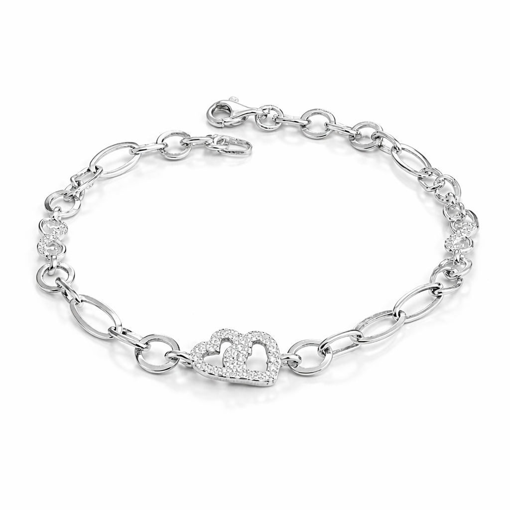 Brățară din Argint 925 „Inimi Unite” – Design Modern cu Inimi Duble, 18,5 cm. BD385