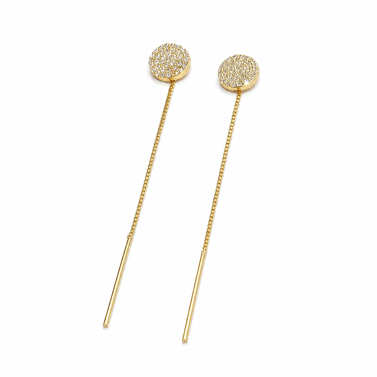 Cercei Threader din Argint 925 Placat cu Aur 14K cu Bănuț Rotund cu Zirconii – 10 mm, Lănțișor Lung 7.5 cm, Eleganță Minimalistă. CD583