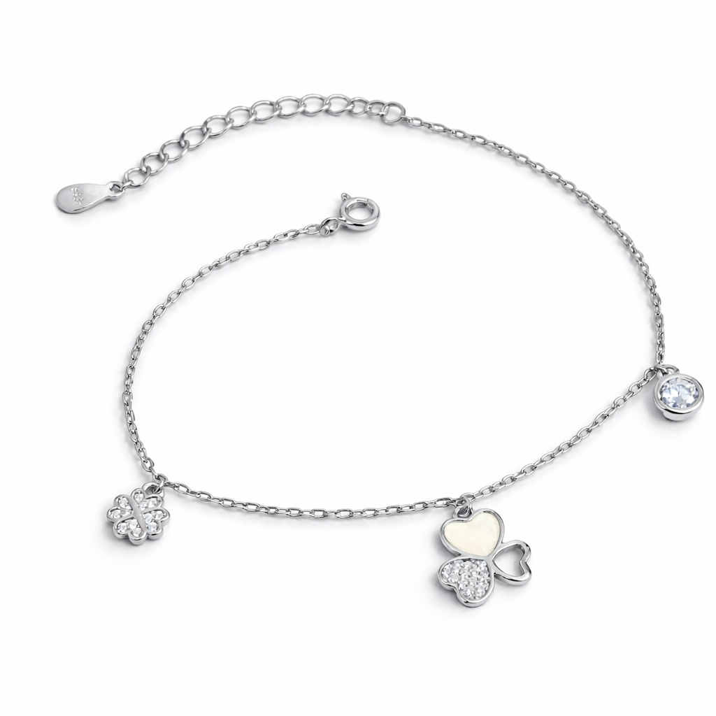 Brățară din Argint 925 Rodiat „Charm Elegance” – Trifoi 12 mm, Inimioare cu Zirconii & Sidef, Reglabilă 17+3 cm. BD418