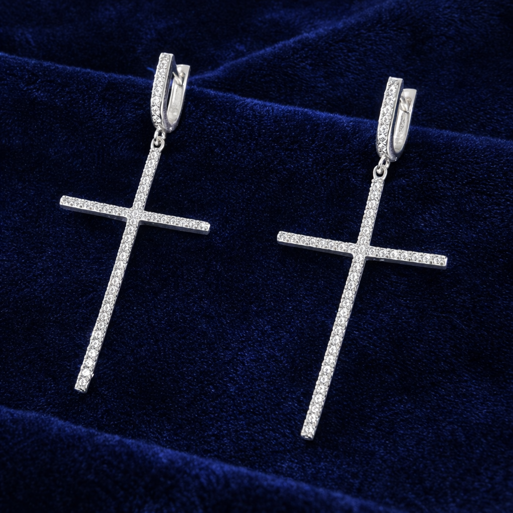 Cercei Lungi Cruce din Argint 925 cu Zirconii – 5.5 cm | Eleganță Divină și Strălucire Premium. CD571