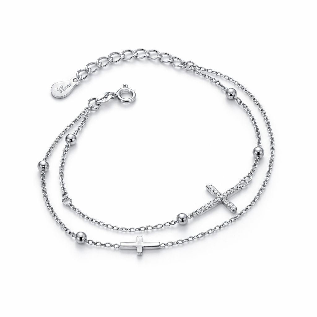 Brățară Dublă Cruce Argint 925 Rodiat – Design Elegant 2 Fire cu Zirconii, Reglabilă 17+3 cm. BD267