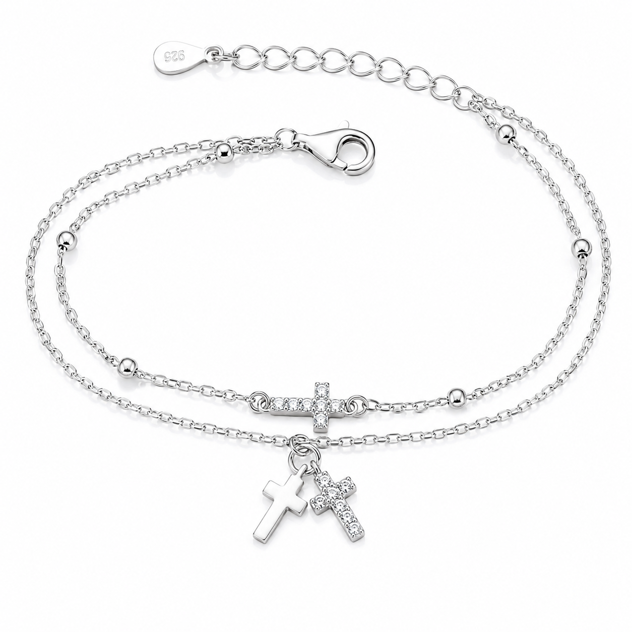 Brățară Dublă din Argint 925 cu Cruciuțe și Zirconii – Brățară Elegantă Reglabilă pentru Femei, 17+3 cm. BD431