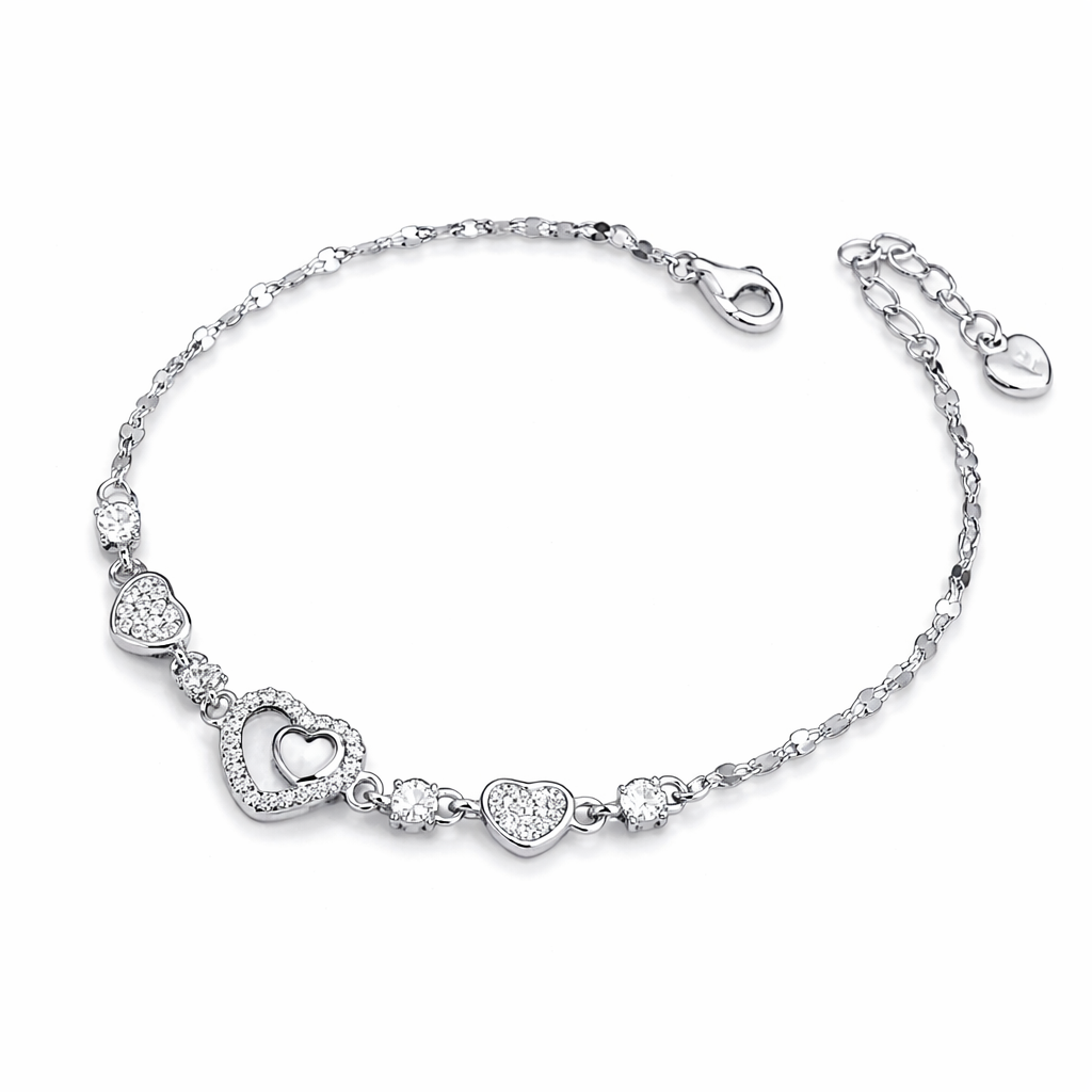 Brățară Argint 925 Rodiat cu Inimă și Sidef Alb – Brățară Elegantă cu Cristale, Lungime Ajustabilă 17+4 cm. BD417