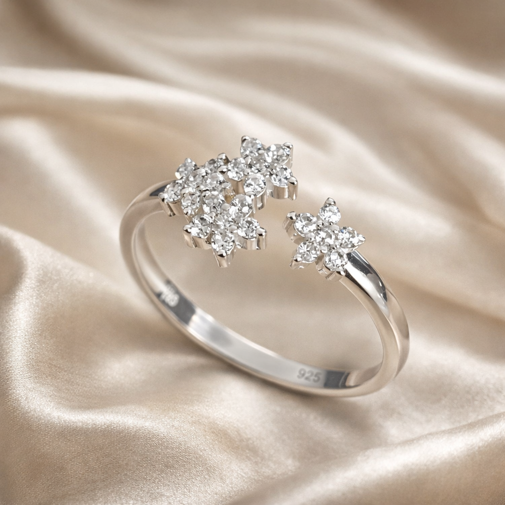 Inel Reglabil din Argint 925 cu Floricele și Zirconii – Design Feminin. ID362