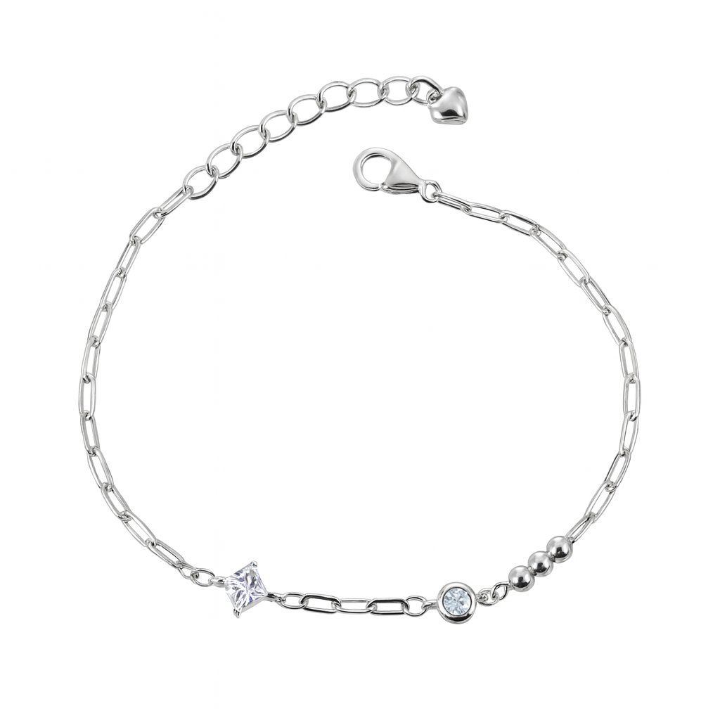 Brățară fină din argint 925 cu lanț reglabil 17+4 cm și pietre zirconia, prim-plan