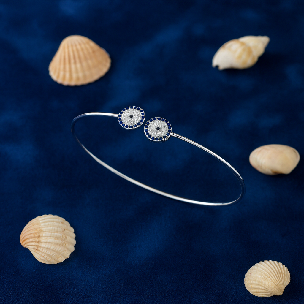 Brățară Deschisă din Argint 925 cu Ochi Albastru și Pietre Zirconiu