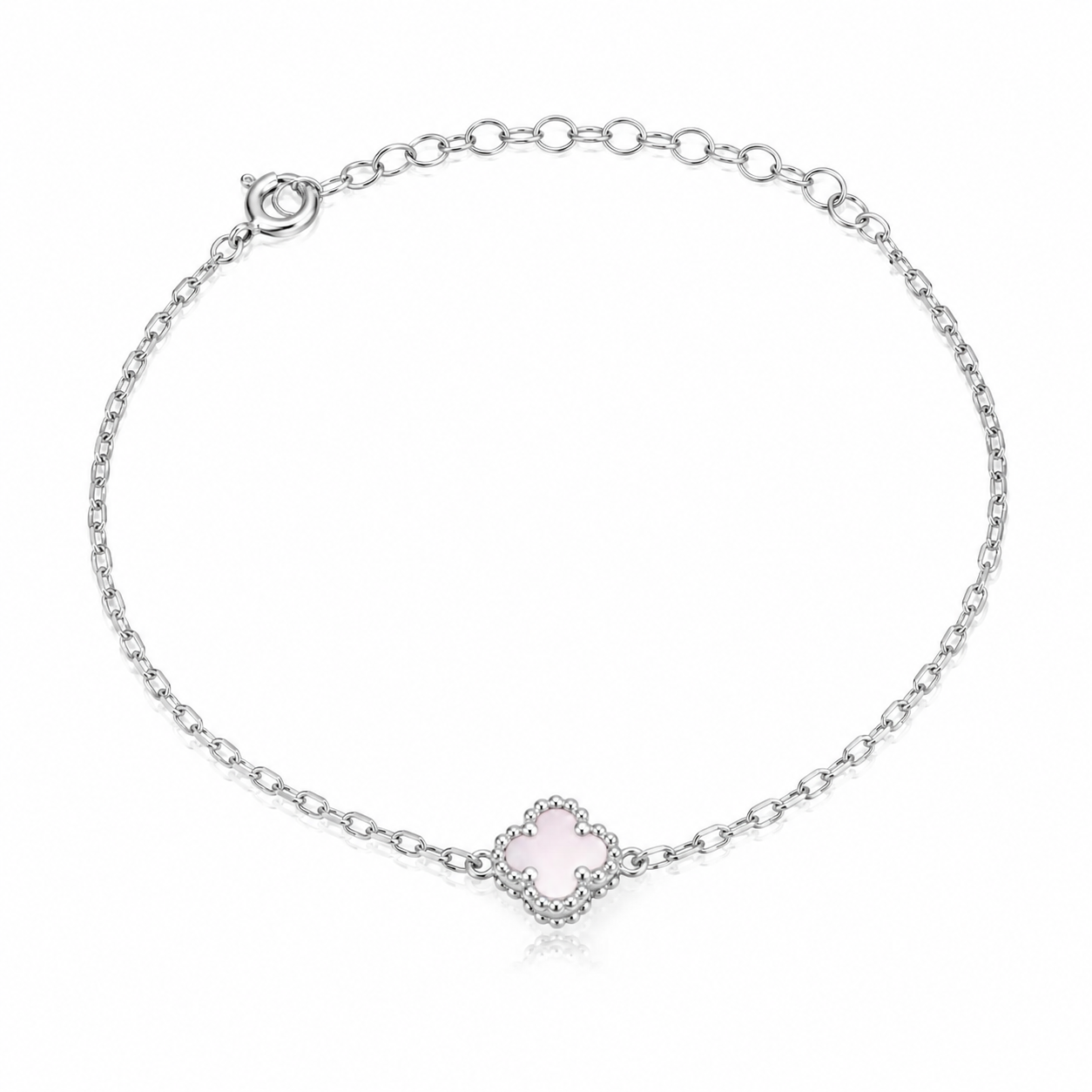 Brățară din Argint 925 Rodiat cu Sidef Roz, Model Trifoi Elegant, Inspirată de Stilul Van Cleef, Ajustabilă 16+5 cm. BD348