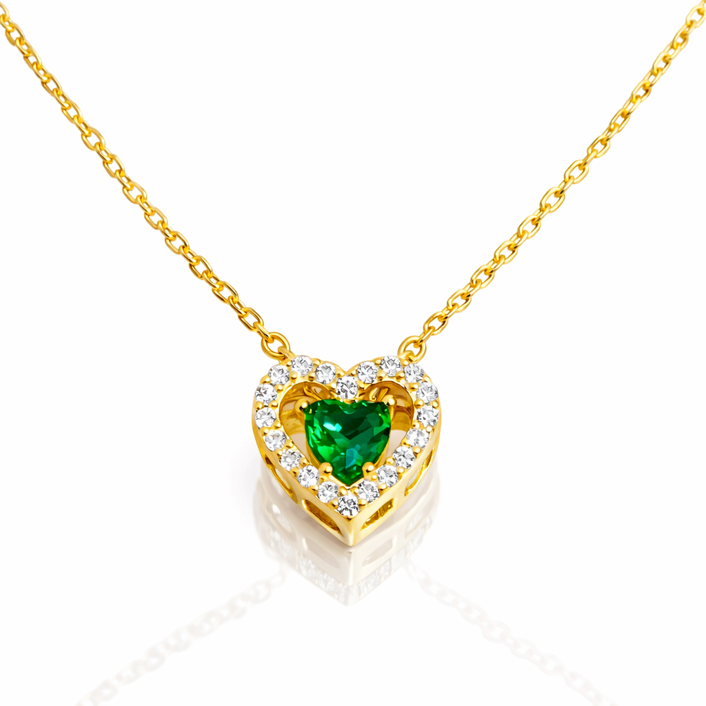 Colier Argint 925 Placat cu Aur 14K cu Pandantiv Inimă Verde 9 mm și Zirconii – Lănțișor Fin Reglabil 40+5 cm. C196