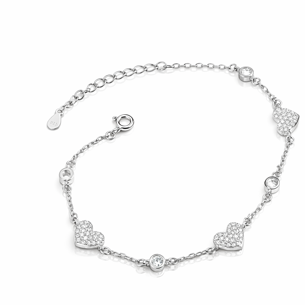 Brățară Argint 925 Rodiat „Trinity Hearts” – Eleganță Strălucitoare cu Inimi Pavé. BD395