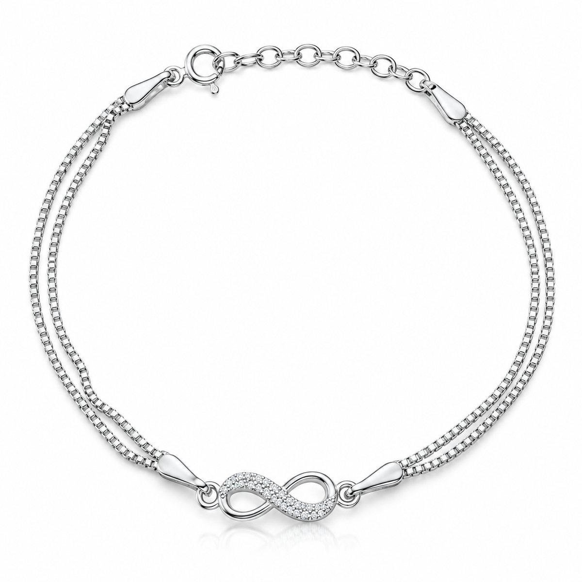 Brățară din argint 925 „Legământ Infinit” cu lanț dublu și pietre incolore, ajustabilă 18+3 cm. BD475