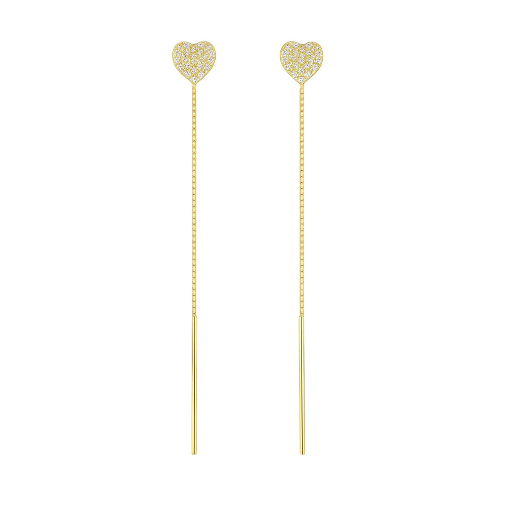 Cercei cu Fir din Argint 925 Placat cu Aur de 14K, Model Inimioară Strălucitoare, Lungime 7.5 cm