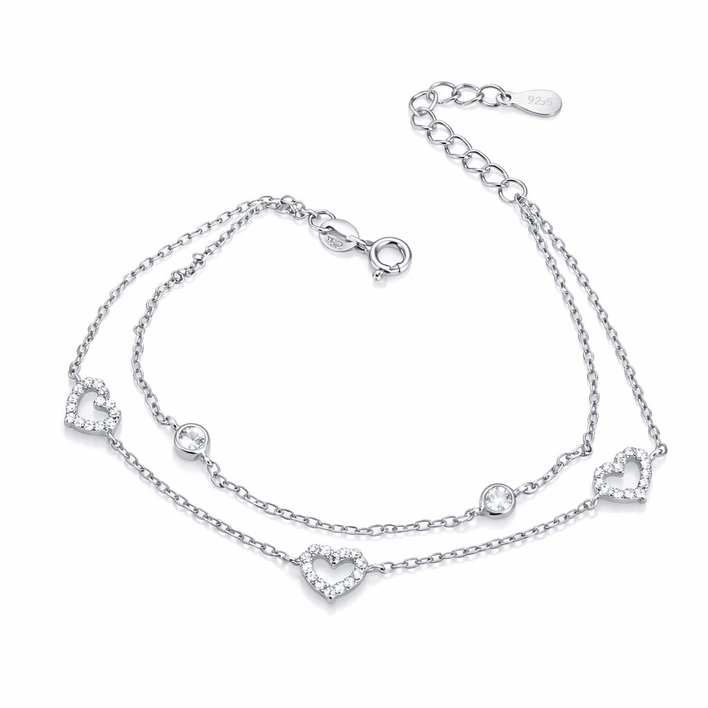 Brățară Argint 925 Rodiat cu Inimioare și Cristale Zirconia, Fir Dublu Elegant, Lungime Reglabilă 17+3 cm. BD397