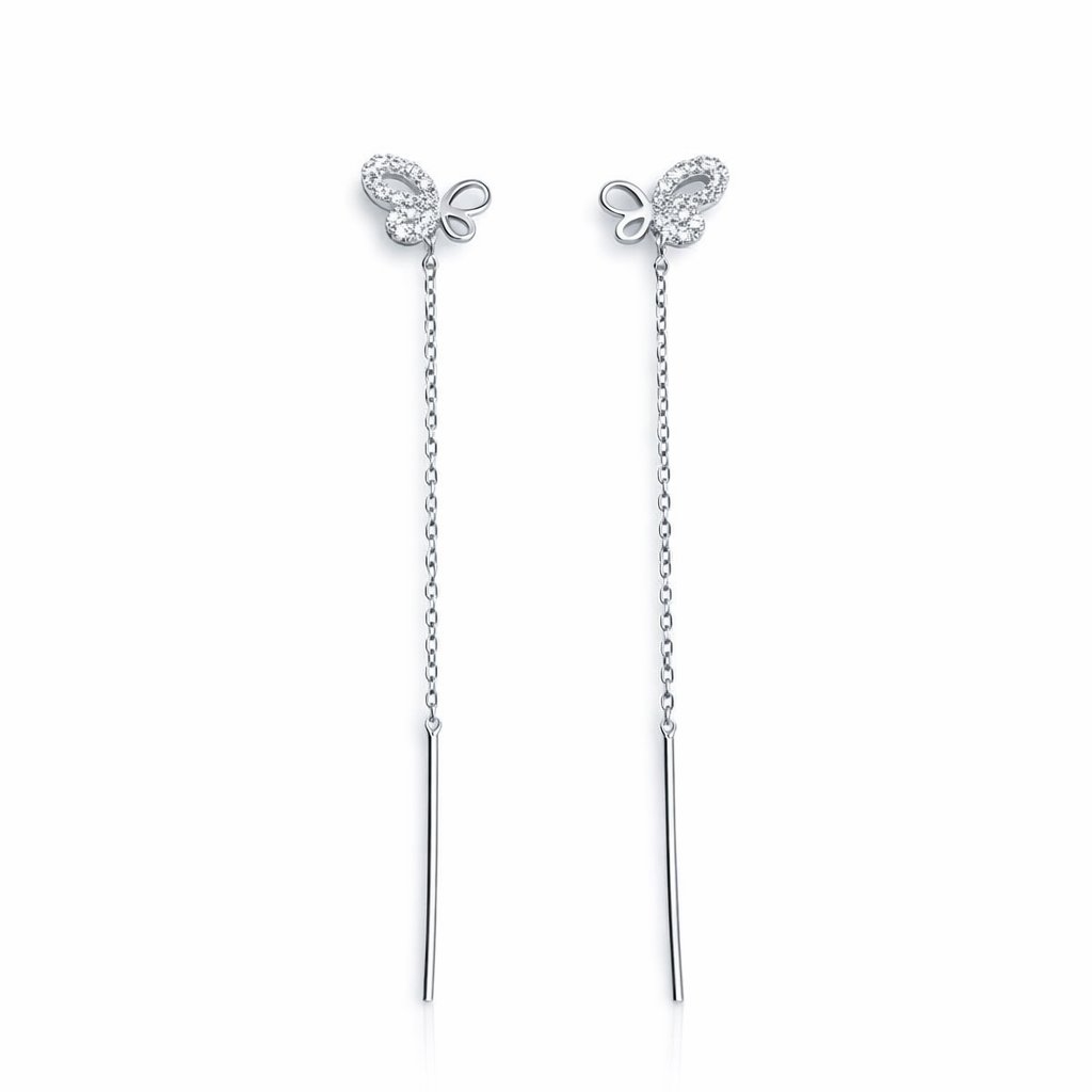 Cercei cu Lanț din Argint 925 Rodiat cu Fluturaș Elegant – Design Modern, Lungime 7 cm. CD560