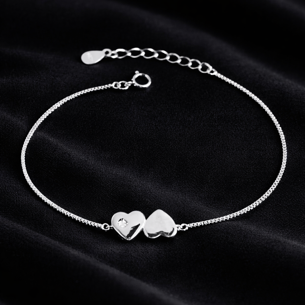 Brățară Argint 925 Rodiat cu Două Inimi – Simbolul Iubirii Infinite, Reglabilă 16+3 cm, Elegantă și Delicată. BD426
