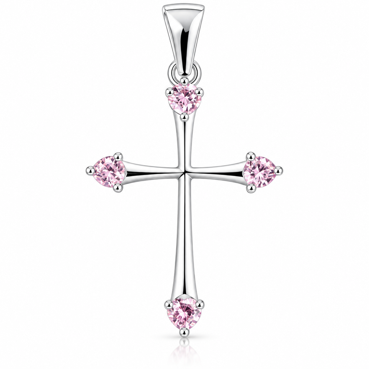 Pandantiv Cruce din Argint 925 cu 4 Inimioare Roz Pal – Simbol al Iubirii, Credinței și Protecției, 20 × 16 mm. P83