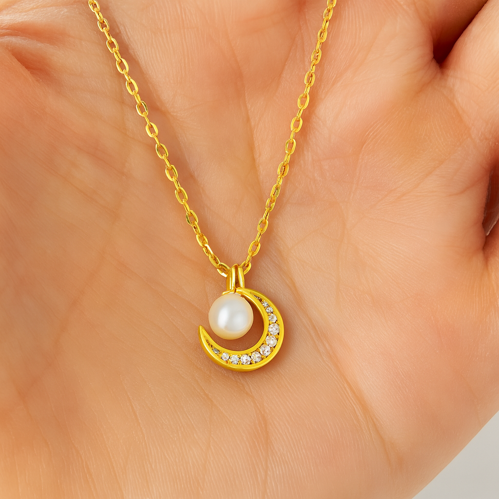 Colier Lună și Perlă Naturală din Argint 925 Placat cu Aur 14K