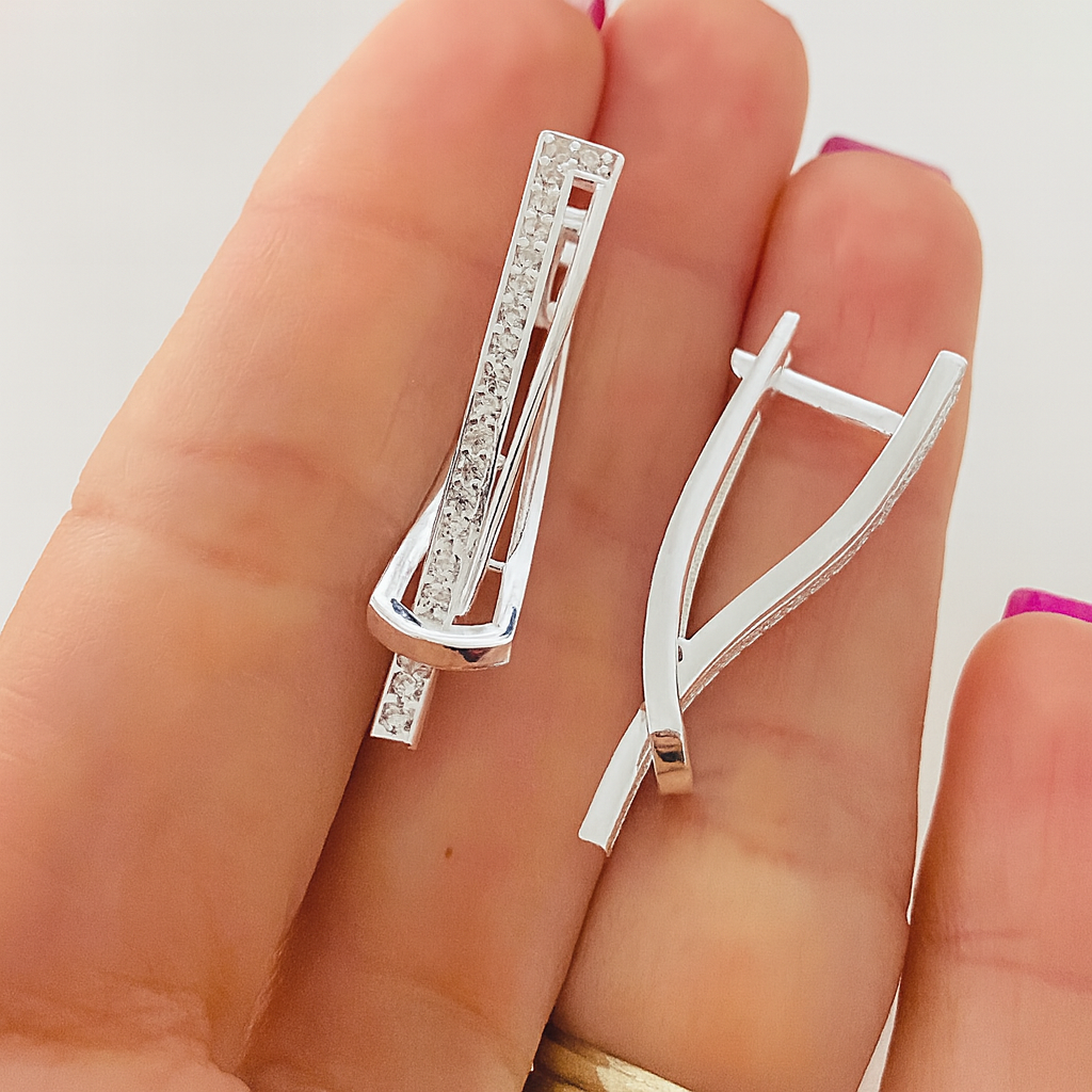 Cercei argint 925 eleganți cu zirconii, 3.5 cm, design modern