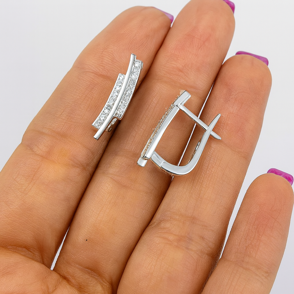 Cercei eleganți din argint 925 cu zirconiu, Design modern dublu