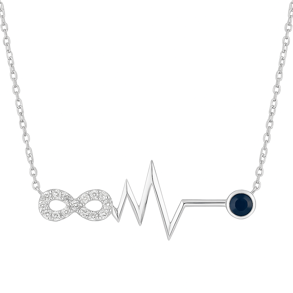 Colier Argint 925 cu Simbol Infinit, Puls și Piatra Albastru Închis