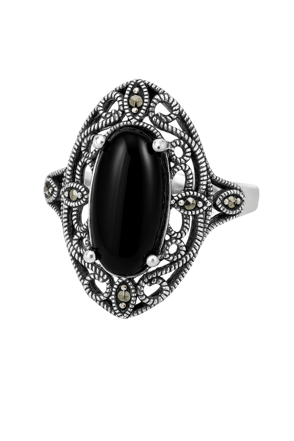 Inel Statement din Argint 925 cu Marcasite și Onix Negru Oval mărimea 19