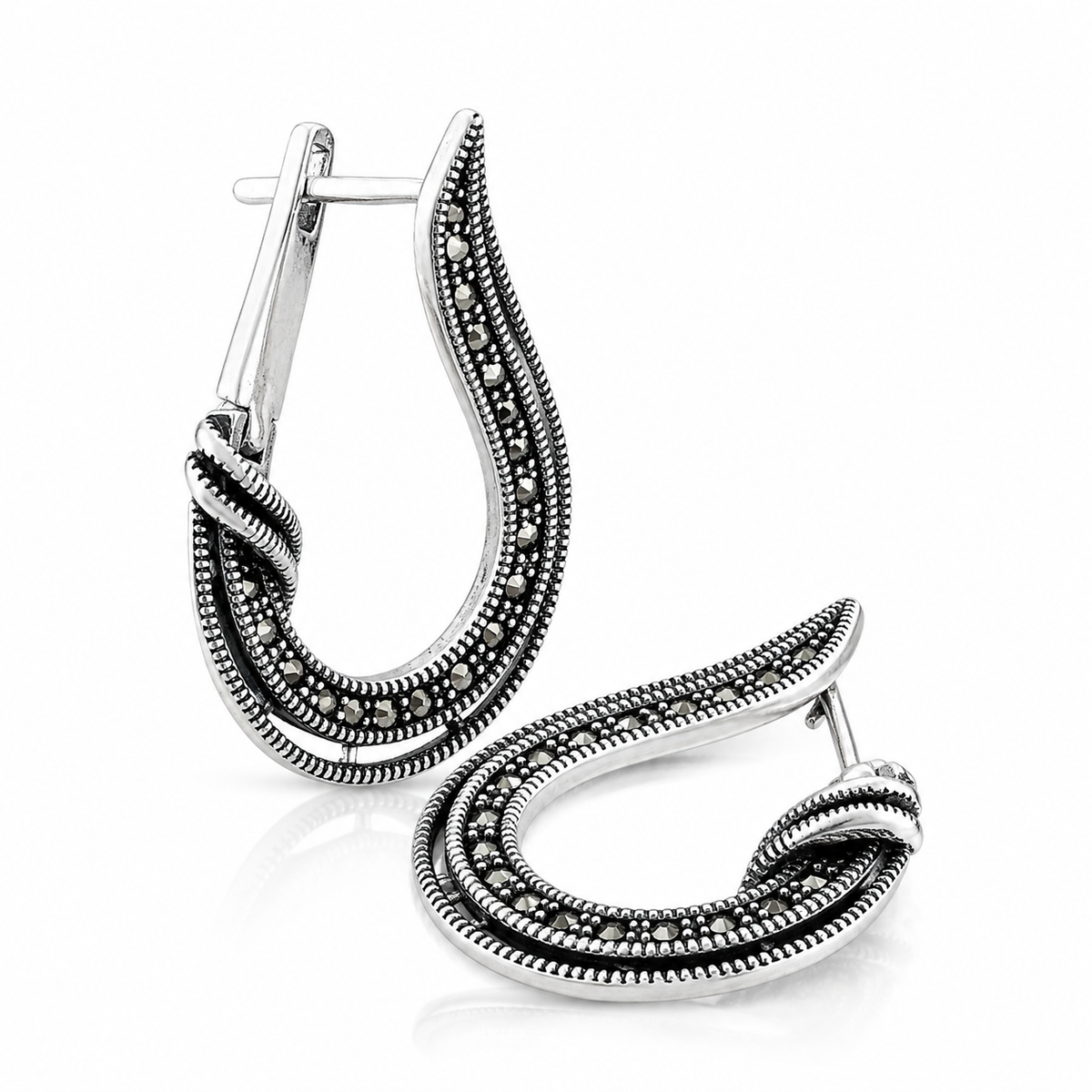 Cercei din Argint 925 cu Marcasite „Valul Regal” – Design Vintage, 29 mm, 6 g CD657